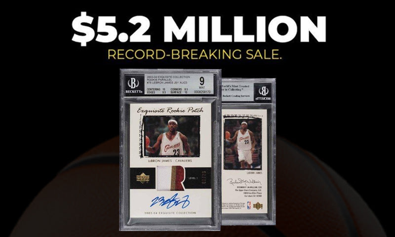 Basketball trading cards with a record-breaking sale of $5.2 million displayed on a dark background.