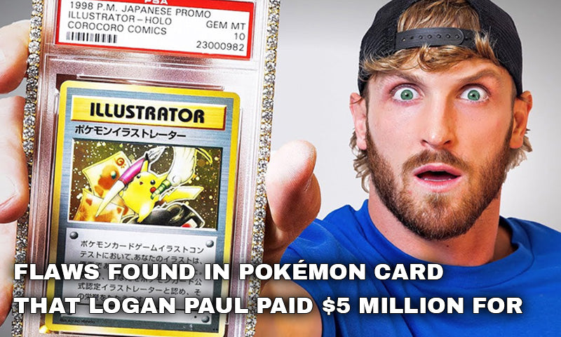 Logan Paul holding a Pokémon card with text about flaws found in the card
