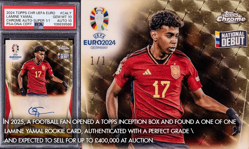 Topps Chrome UEFA Euro 2024 trading card of a Yamal with the number 17, displayed against a textured gold background.